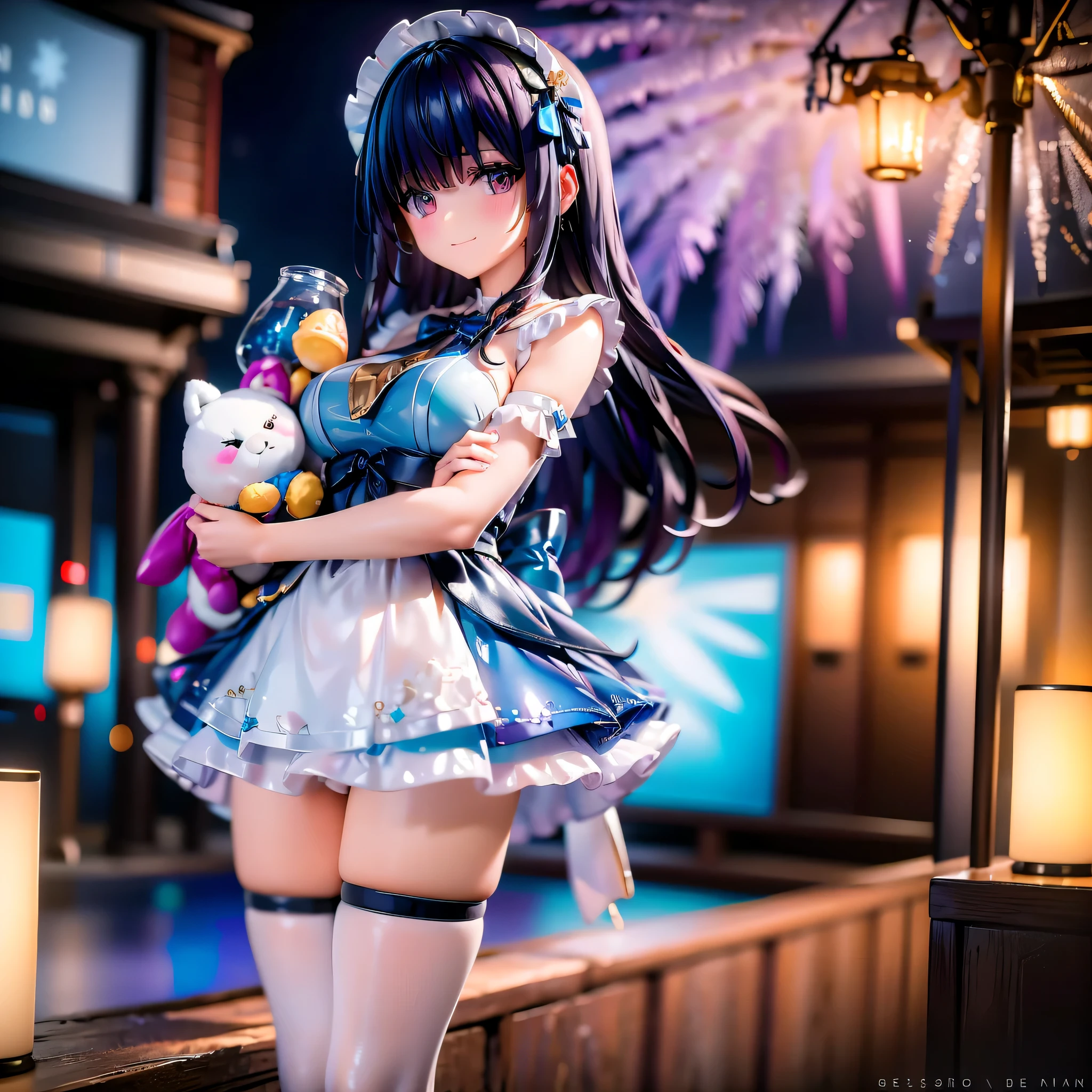 A girl hugging a stuffed animal at a space amusement park:.A space amusement park decorated with colorful lights and stars, An 8--old l holds a large stuffed toy in her arms. She wears a dreamy blue dress decorated with star-shaped lace and ribbons。. The black tights are decorated with a shiny floral pattern., And on her feet are shoes with silver glitter.. The girl is smiling shyly, And behind her is an infinite universe, Stars are twinkling around her. A scene capturing a fantastic moment where dreams and reality intersect