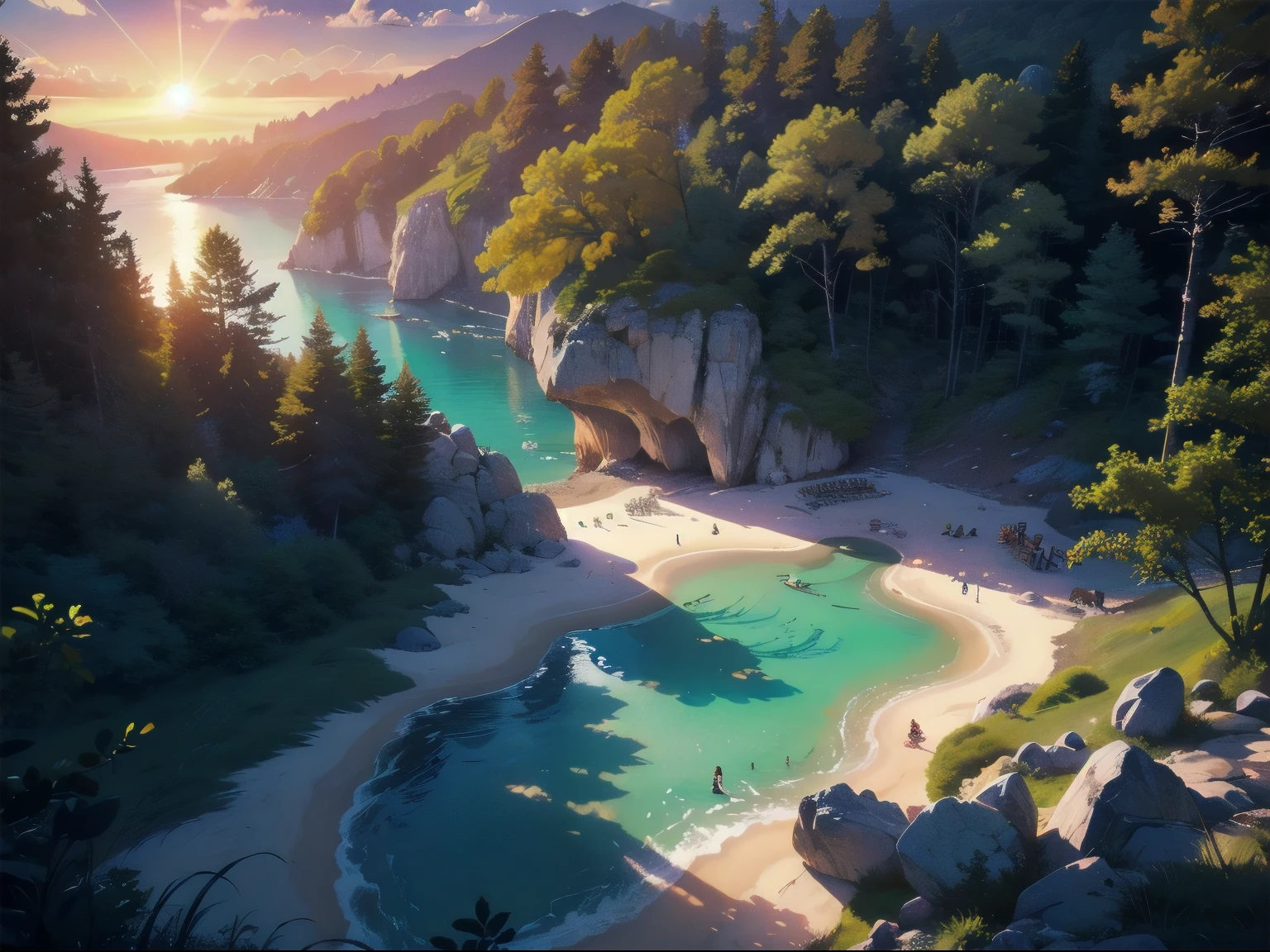 figure, comics, soothing tone, calm colors, (anime), (figure), comics, be familiar with, masterpiece, beautiful scenery, forest, pool, trail,night, nebula, starry sky, 8K, highest quality, dark shot, be familiar with, The light of the setting sun reflects fantastically on the beach., sunset