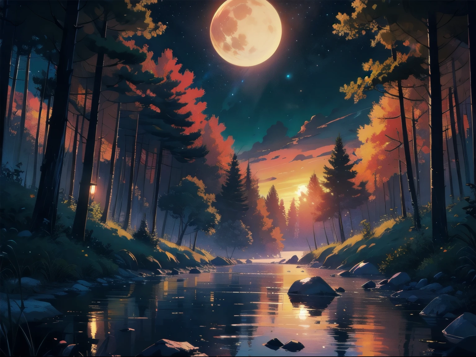 figure, comics, soothing tone, calm colors, (anime), (figure), comics, be familiar with, masterpiece, beautiful scenery, forest, pool, trail,night, nebula, starry sky, 8K, highest quality, dark shot, be familiar with, The light of the setting sun reflects fantastically on the beach., sunset