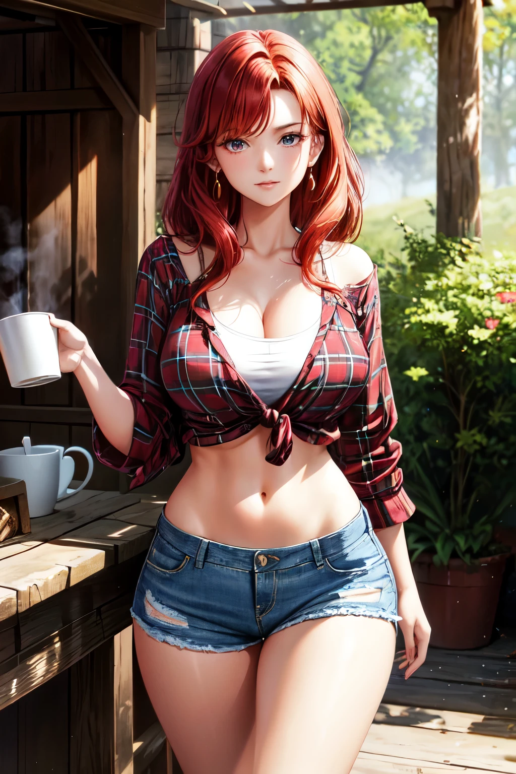 A beautiful woman, with lustrous red hair cascading down her shoulders, wears a knotted plaid shirt that hugs her figure, revealing a narrow waist and the tantalizing curve of her navel. The shirt is tucked into denim shorts that sit snugly on her hips, showcasing her busty physique. The scene is set in a rustic barn, with sunlight filtering in through the cracks in the wood, casting long shadows on the ground. The woman's expression is serene, and her posture is relaxed as she leans against a tractor, one hand resting on her hip, the other cradling a mug of steaming coffee. Sweat glist