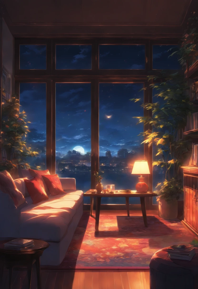 Rich, Luxury Living room, Late night, moonlight, four windows, one front door in the far right, one window to the left, white sofa facing away