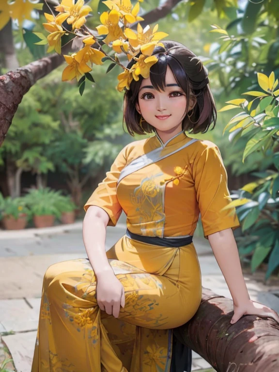 Under the big padauk tree (smaller yellow than the yellow side of the) (padauk flowers) are blooming. Under the tree (padauk flowers) the young Burmese woman is smiling beautifully.