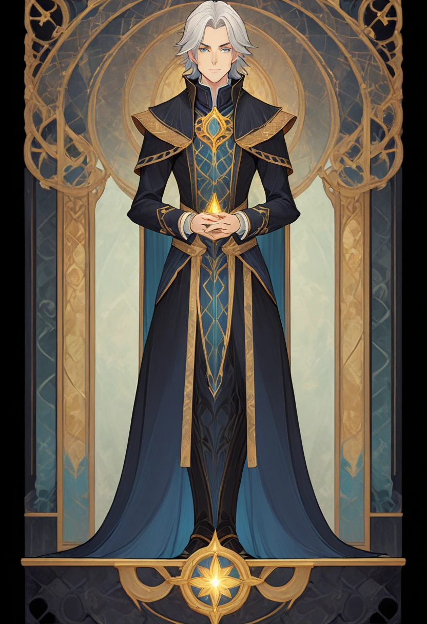 Full length portrait of 1 boy., Master, Magician's costume, (((solo))), clear facial features, Simple line design, ((Tarot card background, symmetrical beauty)), perfectly symmetrical, The art of symmetry, Standing Character Drawings, ((flat colors)), the masterpiece，top quality，Best quality，ultra high resolution, ((clear facial features，beautiful eyes，Beautiful face, exquisite facial features))