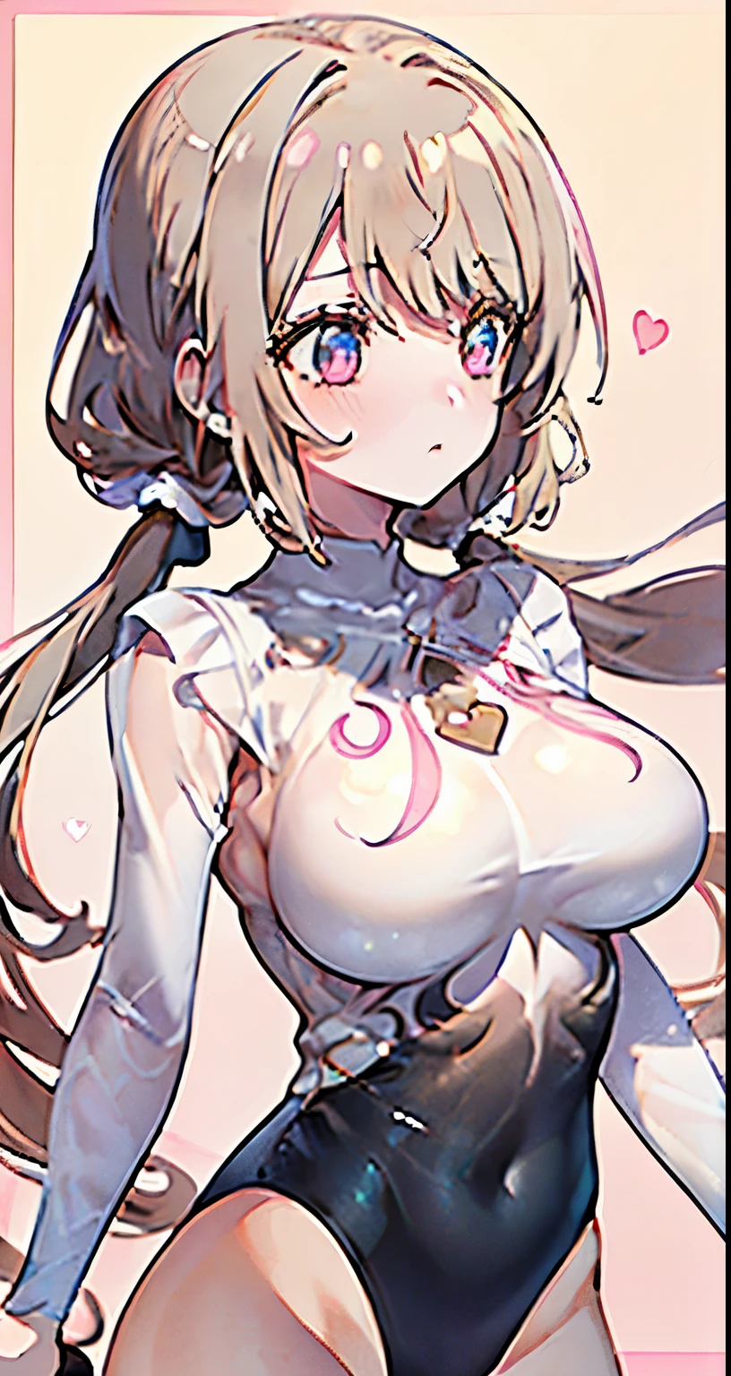 ((Beautiful Beautiful Girl)),(light pink heart color eyes), 1 and slender woman, degree々big breasts, ((ivory brown color hair)),((Medium twin tail Hair)),In 8K, top quality, (highly detailed head: 1.0), (very detailed face: 1.0), (highly detailed hair: 1.0),((black leotard)),Detailed official artwork, clean detailed anime art,