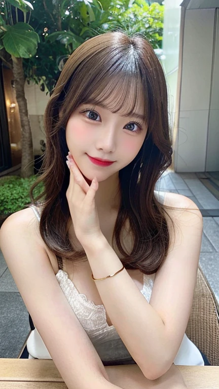 table top, highest quality, figure, Super detailed, finely, High resolution, 8k wallpaper, 完璧なダイナミックな構figure, detailed and beautiful eyes, ladies fashion summer,medium hair,small breasts natural color lip, bold sexy pose,smile,Harajuku、20 year old girl、cute、sexy shot looking at camera