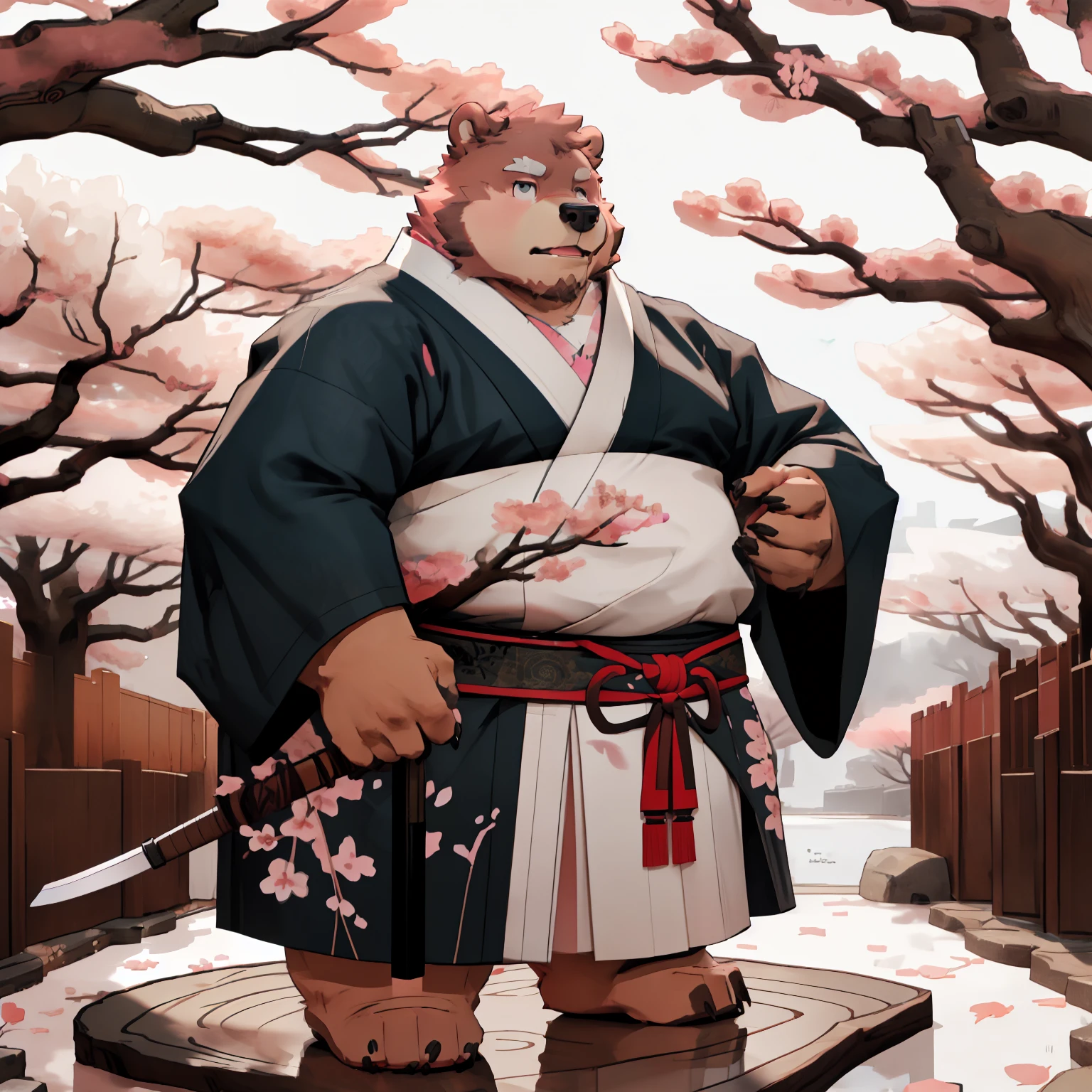 New Jersey 5 Hairy, Bear,Full body portrait of an individual, male,exquisite, chubby,thick arms,plush fur,front,stand,traditional kimono,Traditional Samurai Clothing,clogs,Carrying a katana,Under the cherry blossom tree,Cherry blossom viewing
