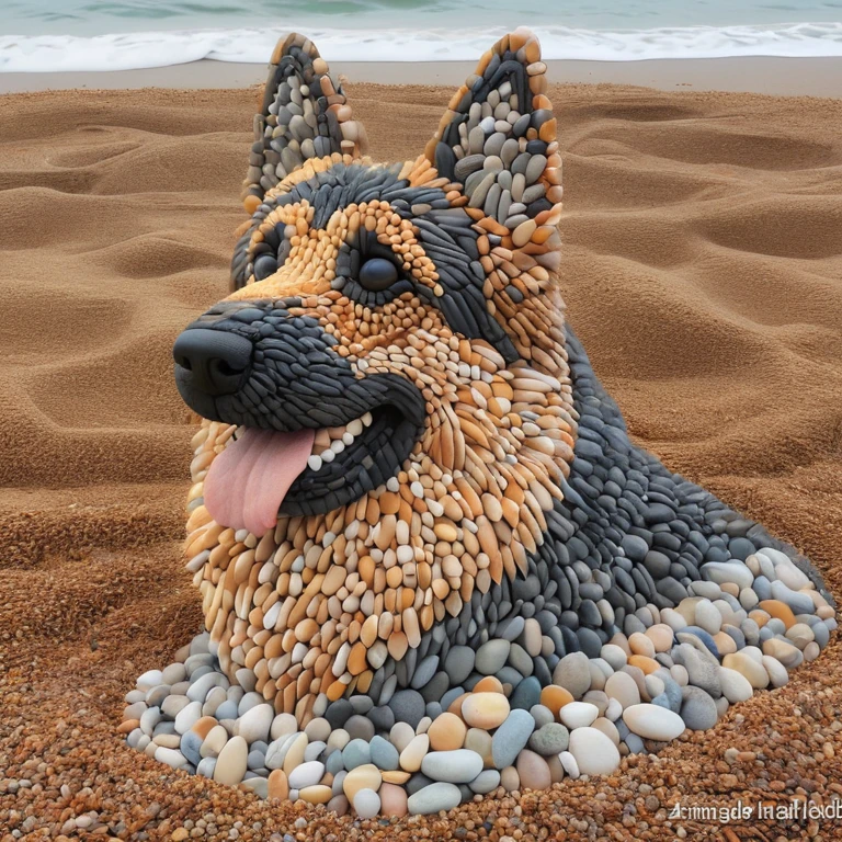 Alafiid dog made of pebbles on the beach，Smiling, realistic art, amazing art, incredible art, realistic artwork, stone art, Highly detailed 3D art, german shepherd, amazing artwork, Superb and complex artwork, beautiful dog head, realistic rock figurine, High Detail Art, Intricate masterpiece of art, Incredibly detailed art, amazing art, Highly detailed digital art