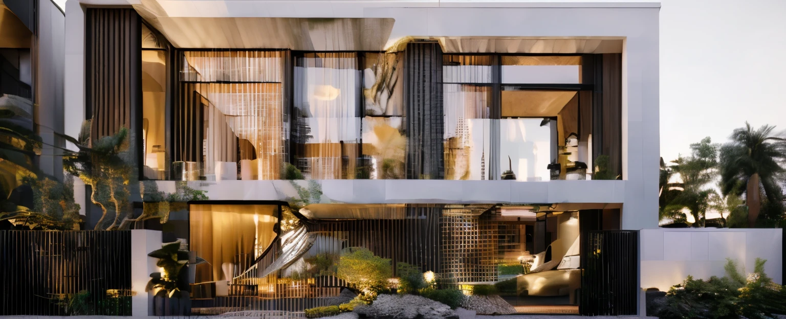 RAW photo,8k uhd, high quality, Fujifilm XT3, outdoor, (residential architecture exterior:1.3), 1 house architecture, (elegant), Singapore tropical modern house style, white wall and glass and stone and black steel and wood, (Luxurious house with delicate finish:1.3), (wood), Beautiful tropical garden, warm golden light in interior, sky dark night, (high detail:1.2), (Evening environment with warm interior lighting),