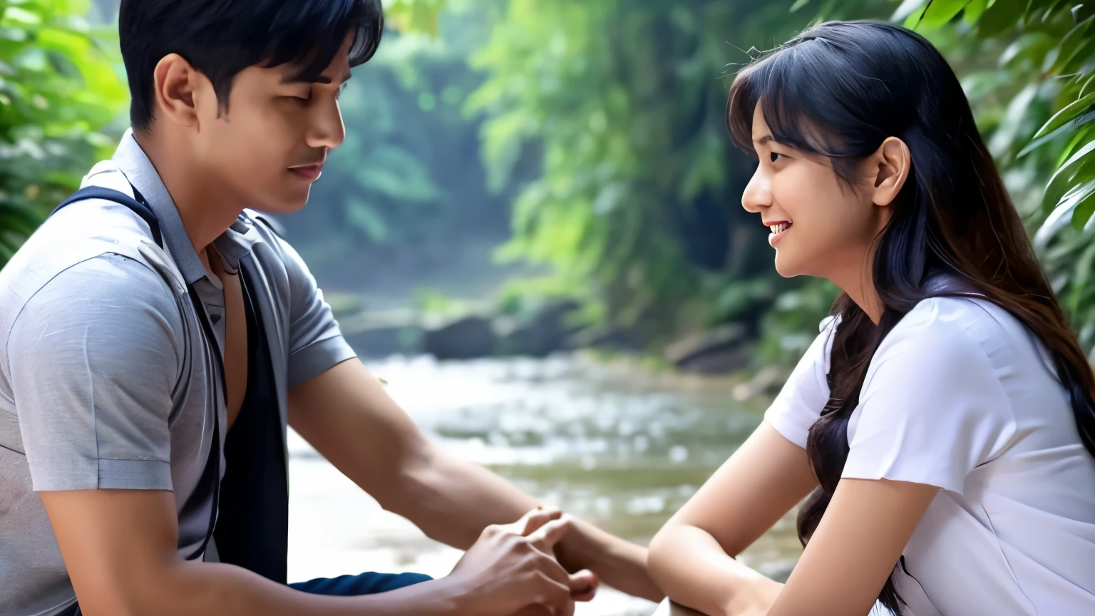 romantic couple. an Indonesian man lying on river, it is raining On the right and left sides of the river, there are lush grass, laughing cheerfully, there was a woman sitting smilling is seento try to bite the zipper of the man's pants with her teeth. in indonesian high school uniforms with white tops and gray bottoms, blank gray tie. 4k. ray tracing. high resolution realistic