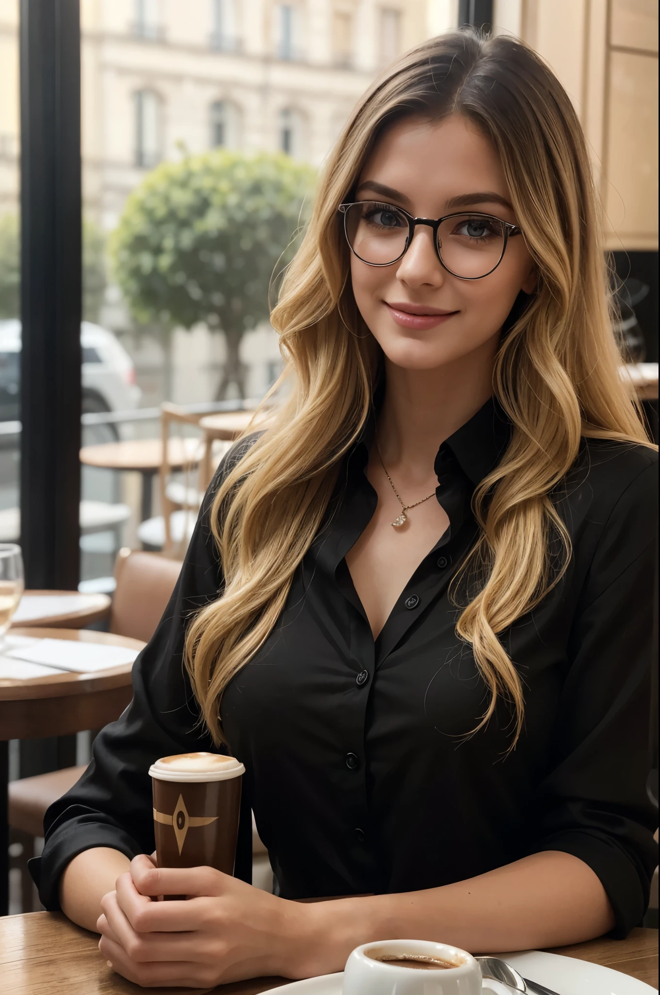 masterpiece, best quality, extremely detailed, hyperrealistic, photorealistic, a beautiful 20s french model, in luxurious cafe, sitting at table with a coffee cup:1.2, black shirt:1.1, ultra detailed face, wavy hair, blonde hair, pale skin, busty breasts, smiling, glasses, perfect hands, perfect fingers