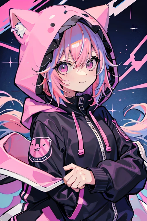 anime,manga,1girl, solo, hood, black eyes, medium hair, long sleeves, bangs, hood up, pink hoodie, arm up, upper body, multicolored hair, looking at viewer, pink hair, hair between eyes, puffy long sleeves, hoodie, puffy sleeves, pink hair, drawstring, blush, closed mouth, virtual youtuber, sleeves past wrists, smile, black jacket, jacket, two-tone hair