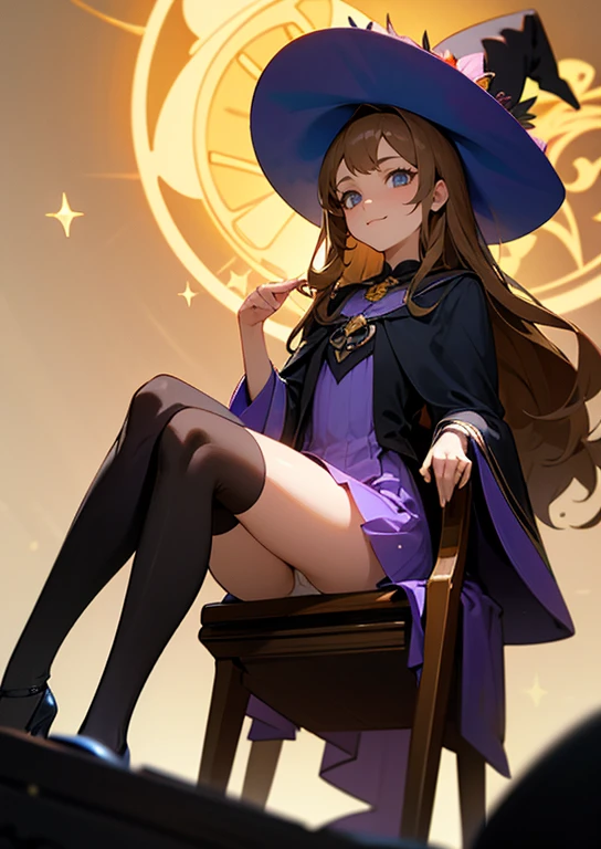 "Crea una imagen detallada en estilo anime, with full 8k resolution, de una joven bruja. Esta bruja, characterized by her long brown hair that flows gracefully, debe estar retratada de cuerpo entero. Sus ojos, grandes y de forma almendrada, deben resplandecer con un tono dorado intenso, capturing the viewer's attention with a penetrating and playful gaze. La joven debe vestir un amplio sombrero de bruja, que se alza majestuosamente sobre su cabeza, complementing her outfit of a vibrant purple dress that accentuates her figure as she sits elegantly in a chair. The position of your legs, abiertas o de manera elegante, showing her tight white panties, along with high stockings and high heels, They add a touch of sophistication to your appearance. Su sonrisa, ligeramente maliciosa, debe sugerir una travesura inminente o un secreto guardado. El ambiente alrededor de la bruja puede incluir elementos sutiles de magia, like flashes of light or little magical creatures, that enrich the atmosphere without distracting from the central figure. This image should capture not only the beauty and unique style of the witch, but also its enigmatic and charming character."