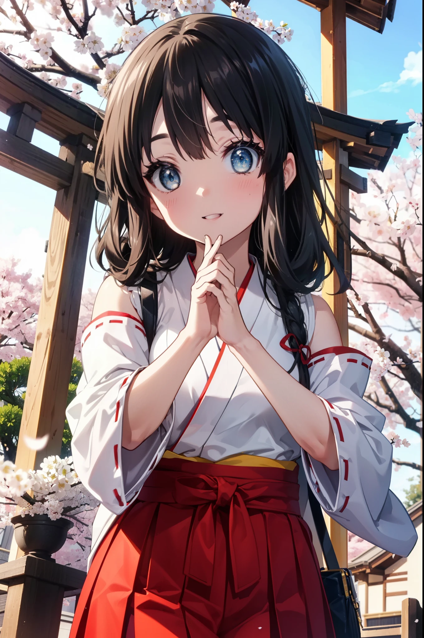 mioakiyama, mio akiyama, long hair, bangs, black hair, (black eye:1.3), princess cut,smile,blush,open your mouth,Platycodon,Miko, white kimono, red hakama,kimono, same as skirt, wide sleeve, long sleeve, ribbon trim sleeves, 
looking at the viewer, Are standing, cherry blossoms are blooming,Cherry blossoms are scattered,noon,Clear skies,sunny,
break outdoors, shrine,torii,
break looking at viewer, (cowboy shot:1.5),
break (masterpiece:1.2), highest quality, High resolution, unity 8k wallpaper, (figure:0.8), (detailed and beautiful eyes:1.6), highly detailed face, perfect lighting, Very detailed CG, (perfect hands, perfect anatomy),