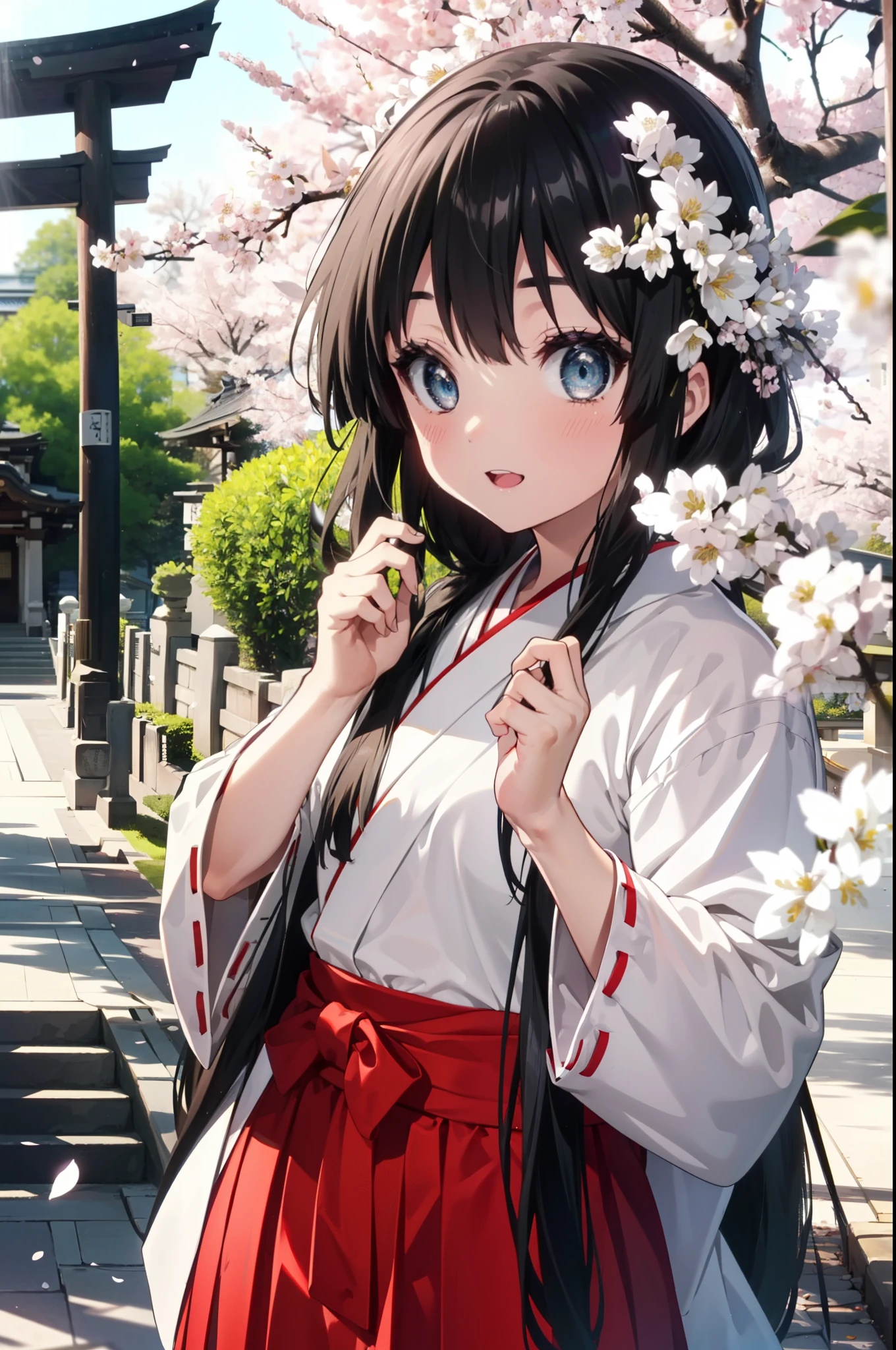 mioakiyama, mio akiyama, long hair, bangs, black hair, (black eye:1.3), princess cut,smile,blush,open your mouth,Platycodon,Miko, white kimono, red hakama,kimono, same as skirt, wide sleeve, long sleeve, ribbon trim sleeves, 
looking at the viewer, Are standing, cherry blossoms are blooming,Cherry blossoms are scattered,noon,Clear skies,sunny,
break outdoors, shrine,torii,
break looking at viewer, (cowboy shot:1.5),
break (masterpiece:1.2), highest quality, High resolution, unity 8k wallpaper, (figure:0.8), (detailed and beautiful eyes:1.6), highly detailed face, perfect lighting, Very detailed CG, (perfect hands, perfect anatomy),