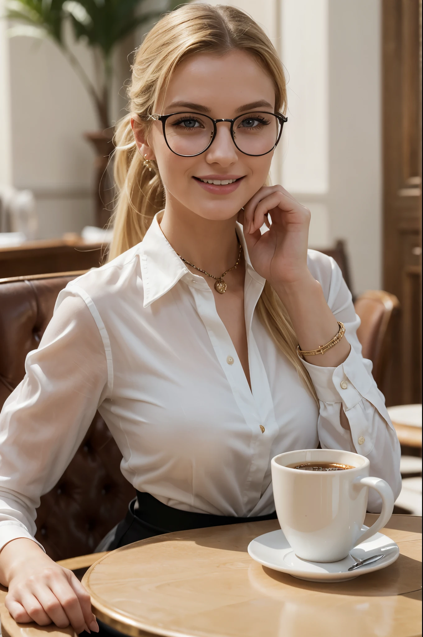 masterpiece, best quality, extremely detailed, hyperrealistic, photorealistic, a beautiful 20s french model, in luxurious cafe, sitting at table with a coffee cup:1.2, light blue shirt:1.2, ultra detailed face, short hair, blonde hair, pale skin, busty breasts, smiling, glasses, perfect hands, perfect fingers