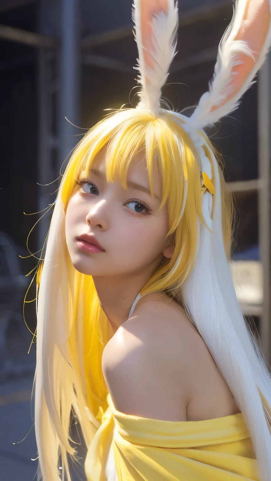 {{masterpiece}},{{highest quality}},enlightenment,1 perfect portrait of a girl, A fascinating eye for perfect detail), colorful hair, (Yellow + white soft hair:1.6),(Bunny ears:1.3),Long and slim body type, fantasy background, {exposed bare shoulders},{long-term alienation_sleeve}, {lean forward a little}, If you look up,hair ornaments,{shy},please shut your mouth, head tilt,{small breasts} ,movie lighting,oversized clothes, ((seductive pose)),