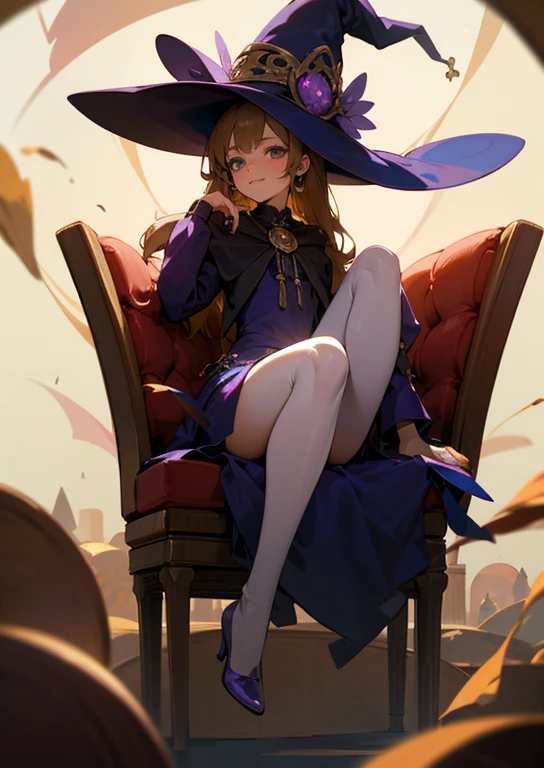"Crea una imagen detallada en estilo anime, with full 8k resolution, de una joven bruja. Esta bruja, characterized by her long brown hair that flows gracefully, debe estar retratada de cuerpo entero. Sus ojos, grandes y de forma almendrada, deben resplandecer con un tono dorado intenso, capturing the viewer's attention with a penetrating and playful gaze. La joven debe vestir un amplio sombrero de bruja, que se alza majestuosamente sobre su cabeza, complementing her outfit of a vibrant purple dress that accentuates her figure as she sits elegantly in a chair. The position of your legs, abiertas de manera elegante, showing her tight white panties, along with high stockings and high heels, They add a touch of sophistication to your appearance. Su sonrisa, ligeramente maliciosa, debe sugerir una travesura inminente o un secreto guardado. El ambiente alrededor de la bruja puede incluir elementos sutiles de magia, like flashes of light or little magical creatures, that enrich the atmosphere without distracting from the central figure. This image should capture not only the beauty and unique style of the witch, but also its enigmatic and charming character."