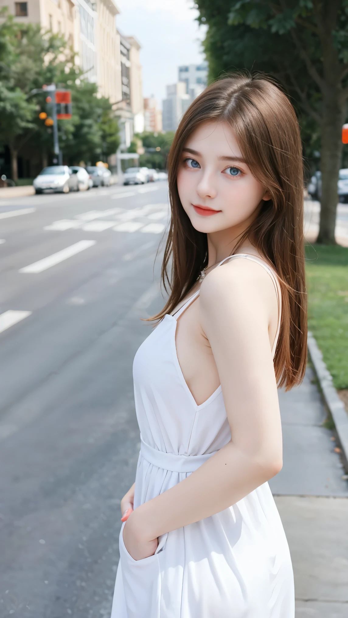 Gorgeus Girl, Beautiful, , 20 Years Old, White Skin, Beside, Sexy Pose, White Loose Halfway Dress, Blue Eye, Muscles, Bokeh, Modern Place Background, Masterpiece, Fullbody Shot