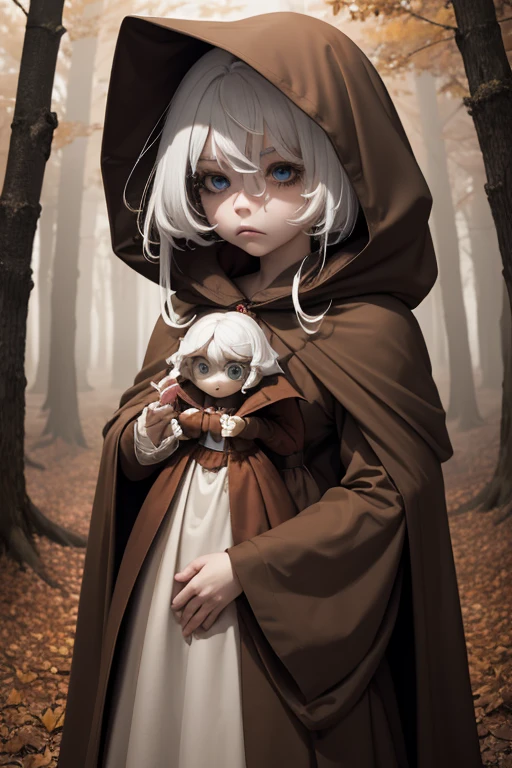 Masterpiece, Best quality, com.plaindoll, White hair, Puppet joints, Hood, Brown cloak, Long dress, Ascot red, autumn, forest, fog, Dead trees, Looking at the viewer, Cowboy shot, Hands together, Emotionless, Muted color, Unsaturated 