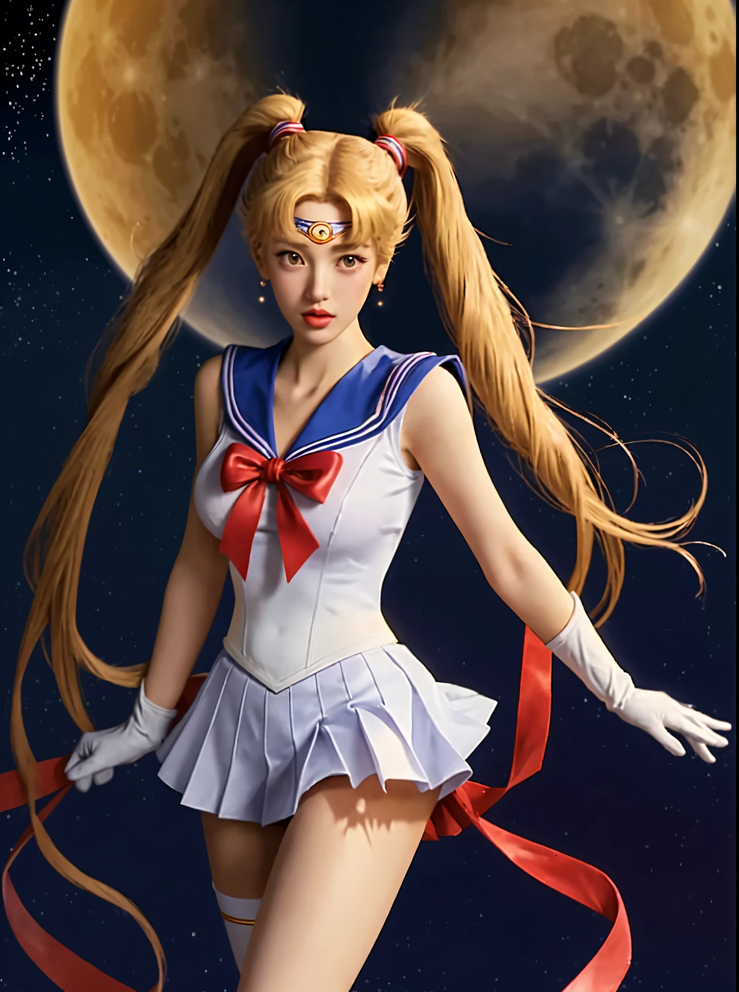 sailor girl with long hair and a red ribbon in front of a full moon, To Sailor Moon, sailor moon!!!!!!!!, sailor moon style, the sailor moon. beautiful, inspired To Sailor Moon, anime girl cosplay, moon의 여신, moon, moon goddess, sailor moon aesthetic, goddess of the moon, Anime cosplay, sailor uniform, Sailor Galaxia. beautiful