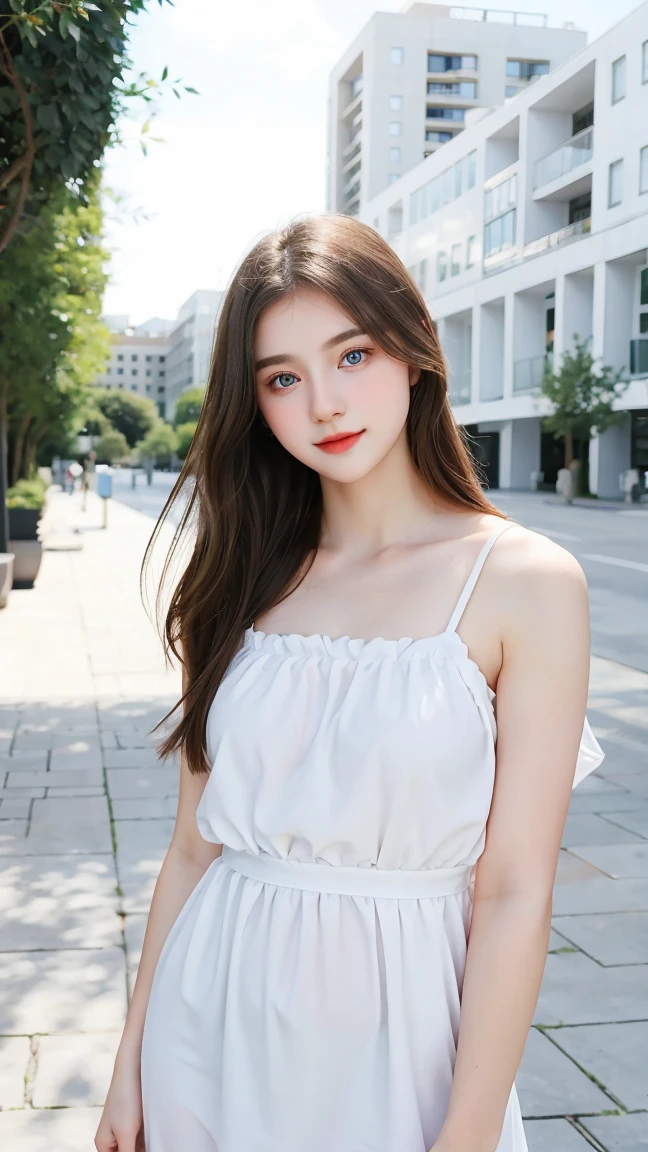 Gorgeus Girl, Beautiful, Baby Face, 20 Years Old, White Skin, Beside, Sexy Pose, White Loose Halfway Dress, Blue Eye, Muscles, Bokeh, Modern Place Background, Masterpiece, Fullbody Shot