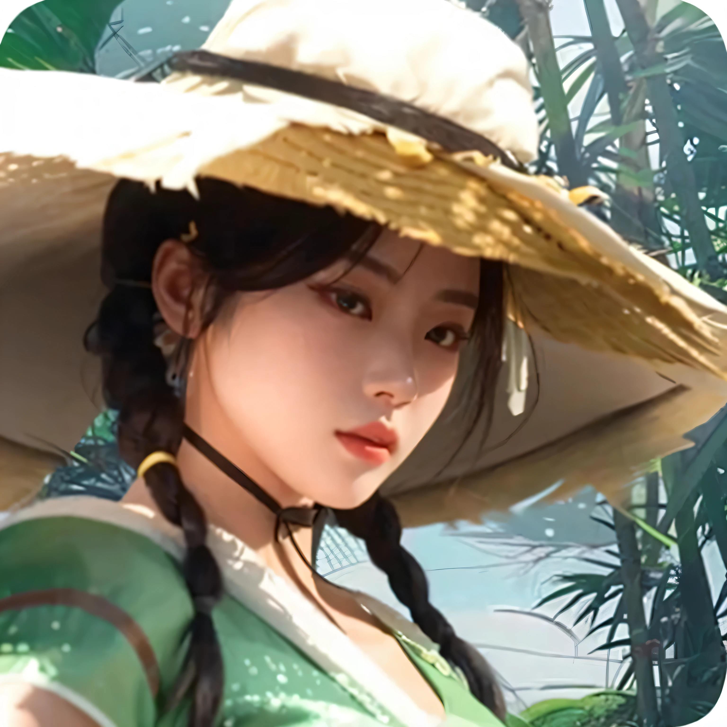 there is a woman wearing a hat and a green dress, as a character in tekken, inspired by Li Mei-shu, yun ling, mai shiranui, kunoichi, xianxia hero, inspired by Cao Zhibai, inspired by Leng Mei, inspired by Wu Zuoren, lei min, masuimi max, mei-ling zhou