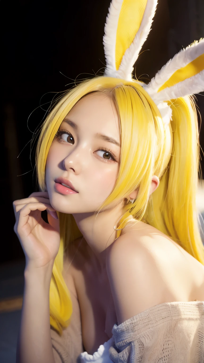 {{masterpiece}},{{highest quality}},enlightenment,1 perfect portrait of a girl, A fascinating eye for perfect detail), colorful hair, (Yellow + white soft hair:1.6),(Bunny ears:1.3),Long and slim body type, fantasy background, {exposed bare shoulders},{long-term alienation_sleeve}, {lean forward a little}, If you look up,hair ornaments,{shy},please shut your mouth, head tilt,{small breasts} ,movie lighting,oversized clothes, ((seductive pose)),