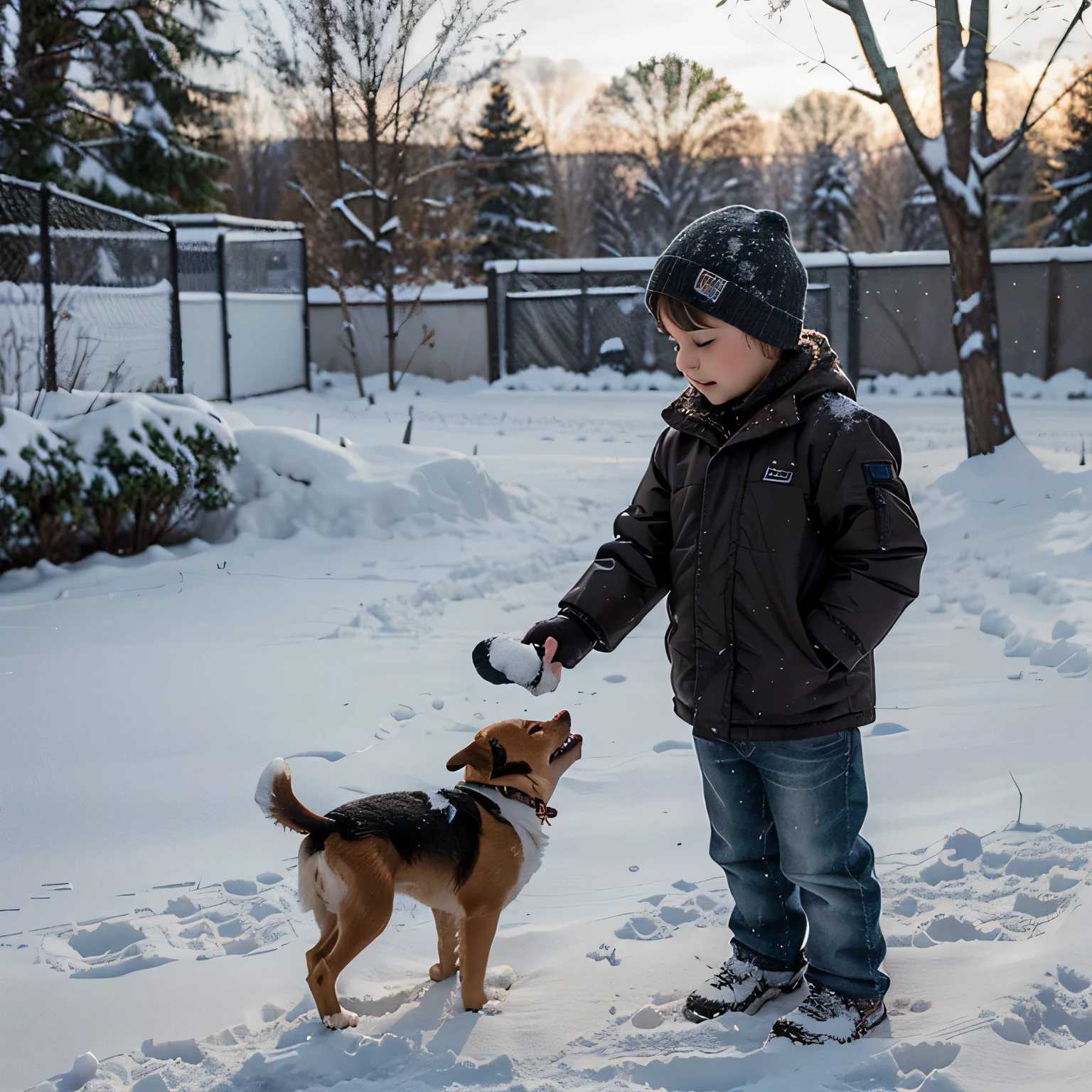 Ha very cute  boy and his loyal dog playing with snow