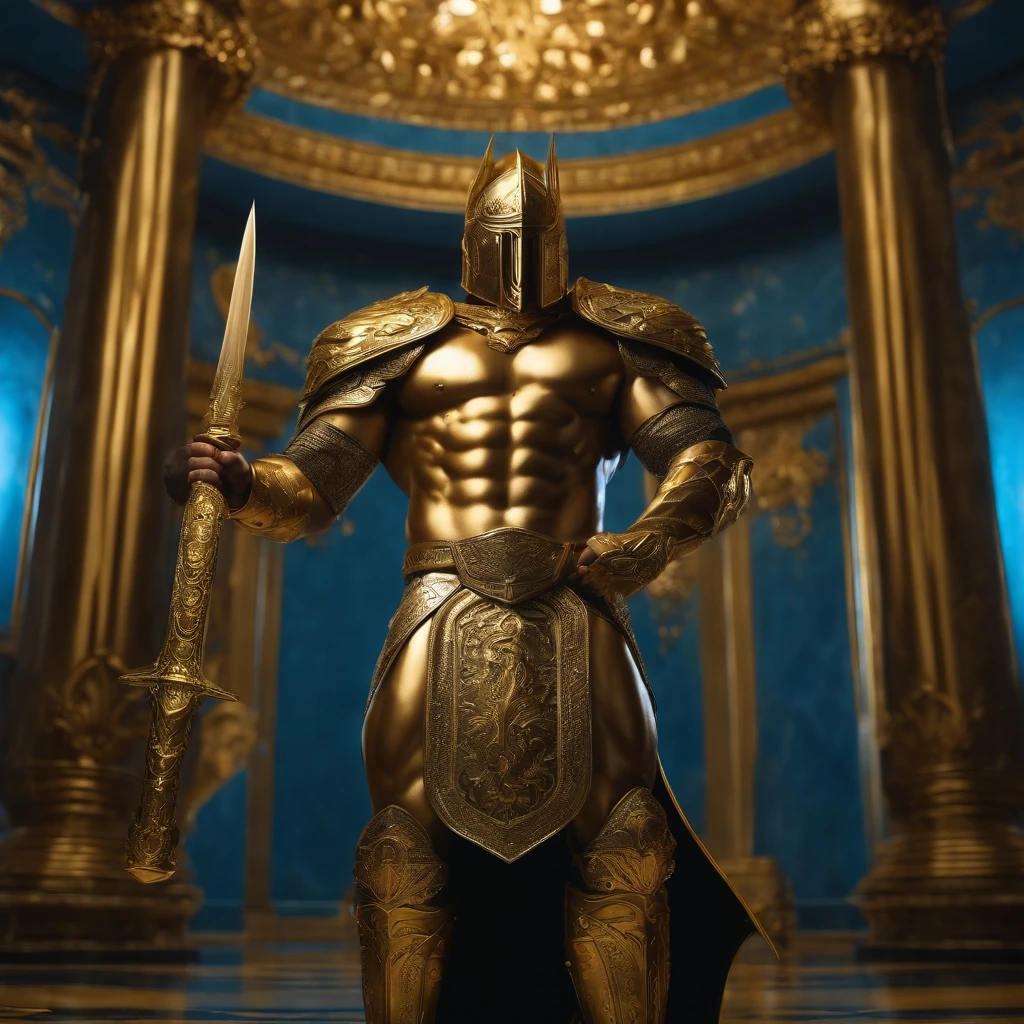 Muscular warrior,in golden armor,marble blue room,stone engraving,A huge room,View from afar,super realism,black light emitting sword,maximum quality,ultra detail,there are black and gold monsters around the war