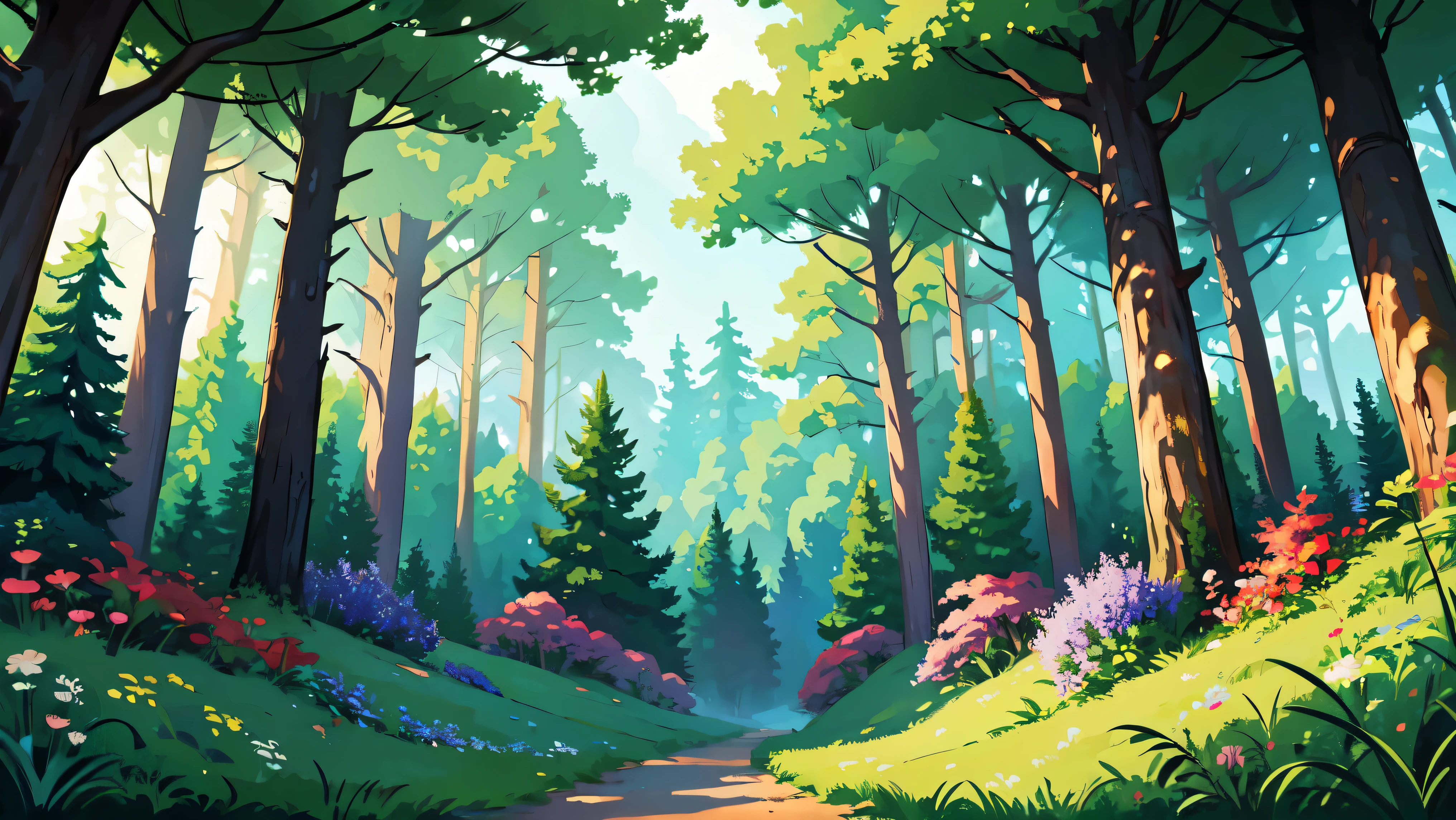 ((bright)), Cartoon beautiful fantasy fairy forest inside with trails and trees on a sunny day, forest plants, beautiful fairy mushrooms, wild beautiful flowers, detailed, detailed background artwork masterpiece, Mobile game background, game background, 2 D game art background, forest background, scenery art detailed, landscape artwork, Mobile game art, 2d game background, Anime background art, forest clearing landscape, anime countryside landscape, forest inside, elf forest background, forest setting, Detailed game art, 4k