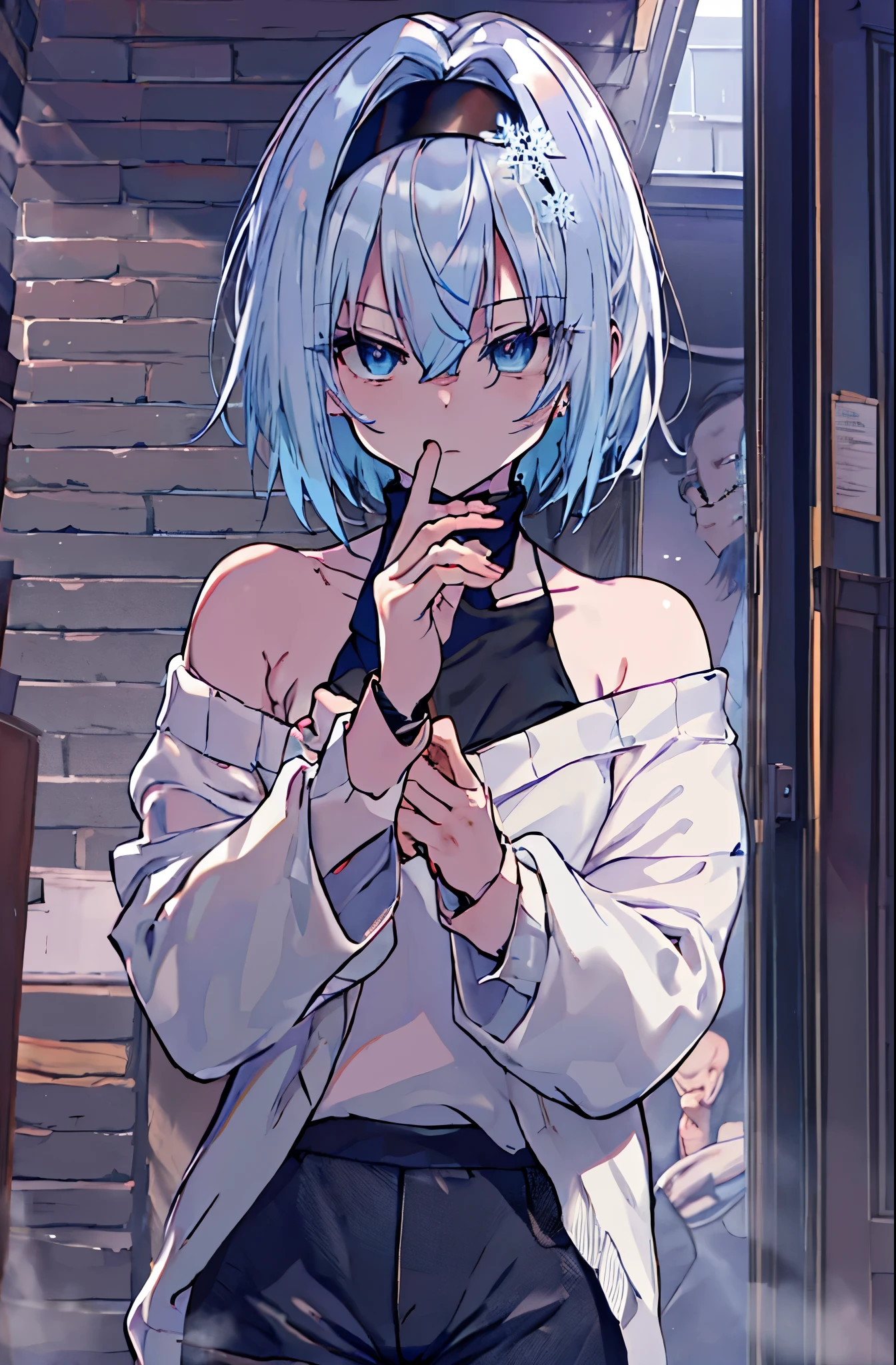 masterpiece,highest quality,High resolution,Super detailed,Oh Ginko,short hair,bangs,hair between eyes,black hair band,snowflake hair ornament,black choker,night,street,Are standing,off shoulder sweater,naked neck,bare clavicle,bare shoulders,shorts,black pantyhose,winter,Cold Sky,(masterpiece:1.2), highest quality, High resolution, unity 8k wallpaper, (shape:0.8), (beautiful and detailed eyes:1.6), highly detailed face, perfect lighting, Very detailed CG, (perfect hands, perfect anatomy),