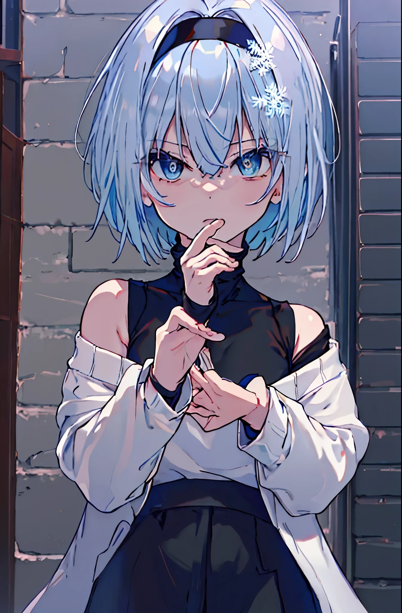 masterpiece,highest quality,High resolution,Super detailed,Oh Ginko,short hair,bangs,hair between eyes,black hair band,snowflake hair ornament,black choker,night,street,Are standing,off shoulder sweater,naked neck,bare clavicle,bare shoulders,shorts,black pantyhose,winter,Cold Sky,(masterpiece:1.2), highest quality, High resolution, unity 8k wallpaper, (shape:0.8), (beautiful and detailed eyes:1.6), highly detailed face, perfect lighting, Very detailed CG, (perfect hands, perfect anatomy),