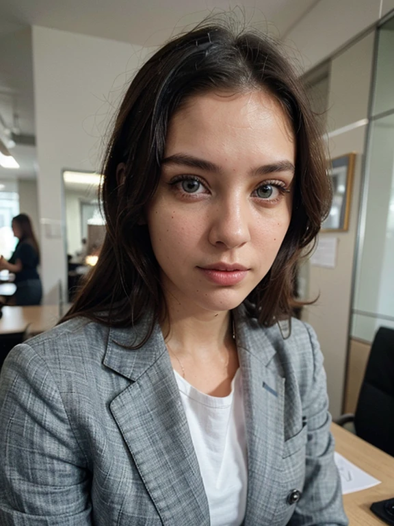 ((1 girl)), Solo, (((Very detailed face)))), ((Very detailed eyes and face))))she wearing a full blue suit, detailed full body sales team, wearing simple yet chic clothes, in her workplace, extremely detailed, --style raw --s 750 --v 5.2(best quality)), ((masterpiece)), (detailed), Full look in office