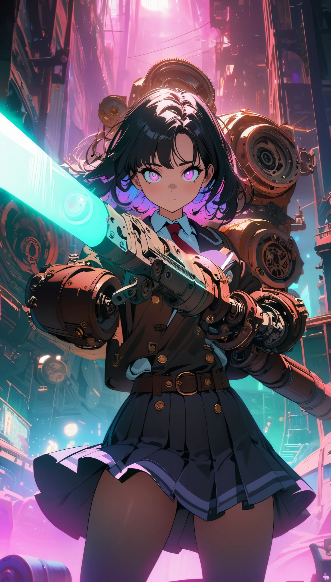 
Steampunk，JK school uniform girl，Holding a huge mechanical laser sword，Beautiful，Glowing special effects，celluloid style，Flat coating，HD，CG art，comics，8K，looking into camera，high quality，illustration，Vaporwave style，rim light，movie lighting，Super detailed，complex，OC renderer，cinematic perspective，high resolution
