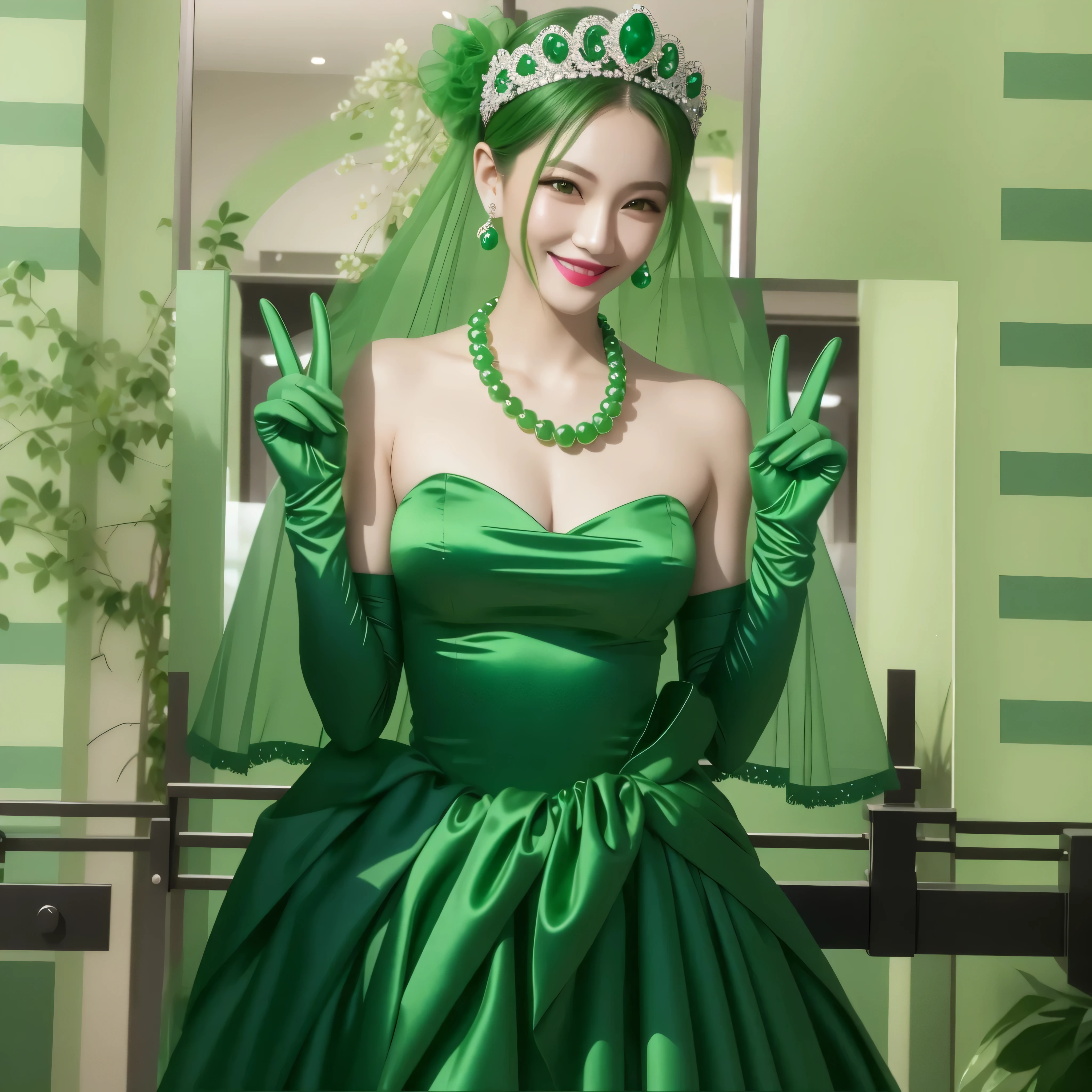 emerald tiara, green pearl necklace, boyish very short green hair, green lips, smiling Japanese woman, very short hair, Beautiful woman with big breasts, green eyes, green satin long gloves, green eyes, emerald earrings, green veil, Heart with both hands, green hair, beautiful japanese woman, V sign, green lip gloss