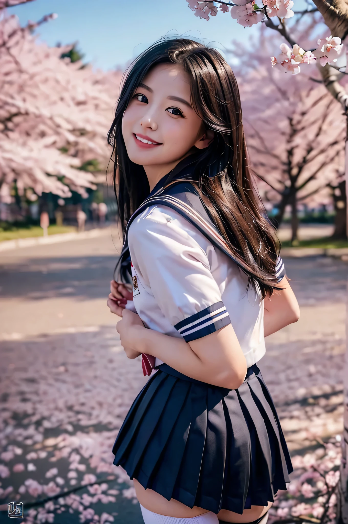 (hyper realism, 10, very detailed, highest quality, Super detailed, masterpiece, Super realistic, high detail, Raw photo, realistic,）((School、spring、The cherry blossoms are blooming a little)）,(((sailor suit, school uniform))), (((black pleated skirt))), (black stockings),(looking back､Emphasize the buttocks))、highest quality, (((whole body)))、(((big chest、Ｇcup)))、beautiful japanese girl,long hair、black hair、Smiling with a sexual expression,, smile with a sexual expression, chest