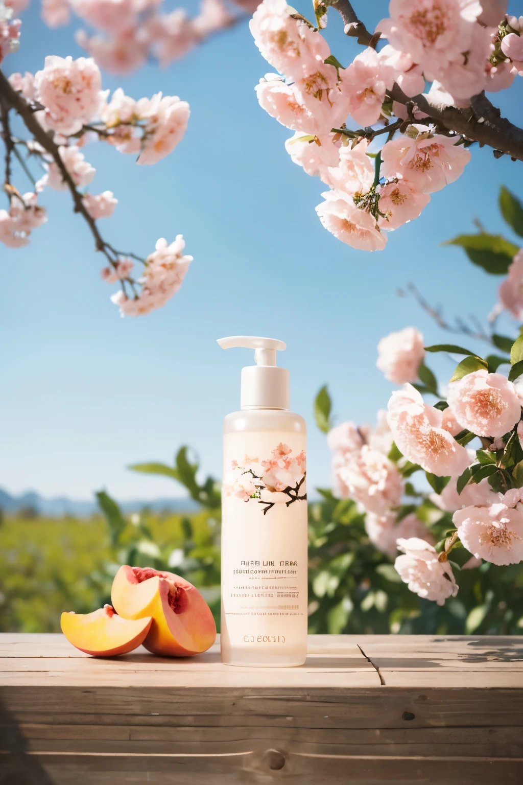 Commercial Photography, A bottle of skin care products is placed on a peach tree branch, bright sunny summer day, Packaging photography, fine focus, depth of field, 120mm shooting, Photographed by Hasselblad, 深锐焦Commercial Photography，peach blossom