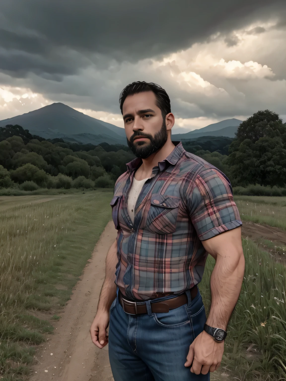 obra maestra, Mejor calidad, high resolution, Retrato de primer plano, (1 chico:1.4) A man in a lumberjack suit, muscular, (con camisa: 1.2) enfoque masculino, enfocarse solo, piel bronceada, 38-year-old man dressed as a lumberjack., muscular, fuerte, peludo, Masculino, (descamisado: 1.2), al fondo una granja, en una tormenta, amazing composition, Vista frontal, HDR, volumetric lighting, (plano general, desde el frente:1.2) (GS-Macho :1.5) (magnificent landscape:1.2)