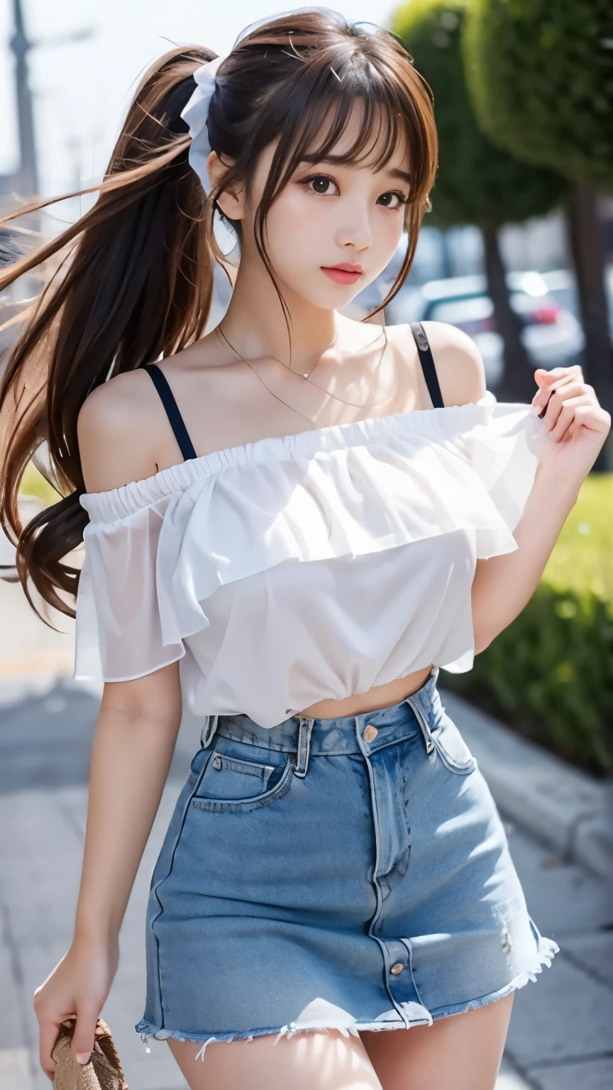 sexy big breasts、Sexy cute looks and cute 15 year old beautiful girl, Beautiful and sexy face、The strong wind blows the hair in front of my face、Beautiful ponytail with cute and sexy eyes hidden behind long bangs、Off-the-shoulder t-shirt、Tulle miniskirt、cute ribbon、