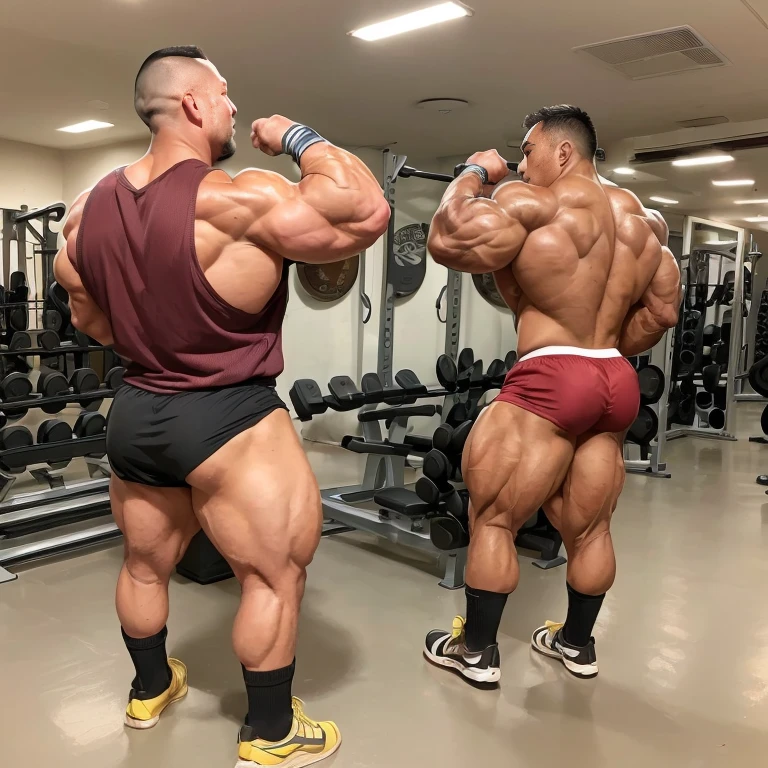 (on or two bodybuilders:1.4), (back view:1.2), (tank top:1.2), (at rugby club locker room:1.2), 40's, Japanese man, Chinese man, Korean man, Taiwanese man, manly face, fat face, (round face:1.4), (monolid eyes:1.2), (buzz cut:1.4), very large and strong body, bulky body, beefy muscles, (bulging muscles:1.4), (very large pectoral muscles:1.4), (muscular arms:1.4), muscular abs, muscular legs, muscular back, brightens oily skin, master piece, (realistic:1.4), panorama, distant view