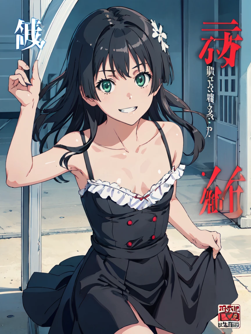 jav cover, (High resolution:1.4), (masutepiece:1.2), (High quality:1.3) 1girl, saten ruiko, green eyes, long hair, black hair, small breast, grin