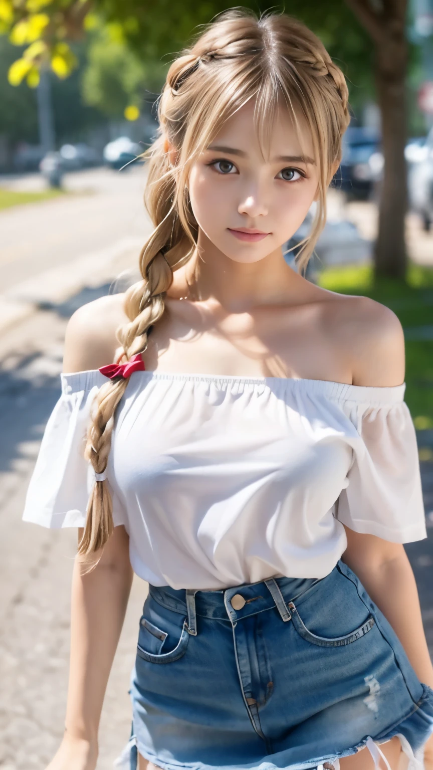 sexy big breasts、Sexy cute looks and cute  beautiful girl, Beautiful and sexy face、The strong wind blows the hair in front of my face、Blonde French braids with cute and sexy eyes hidden by long bangs、Off-the-shoulder t-shirt、Tulle miniskirt、cute ribbon、