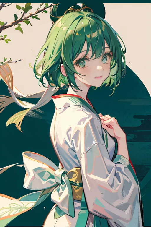 masterpiece,best quality, 1male, green hair, green eyes, smile, solo, closed mouth,white border, looking back,kimono, border, looking at viewer, blush, japanese clothes, short hair, bangs, upper body
