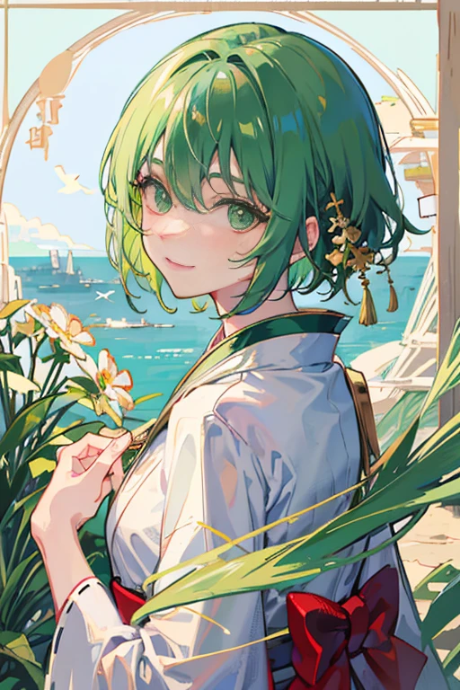 masterpiece,best quality, 1male, green hair, green eyes, smile, solo, closed mouth,white border, looking back,kimono, border, looking at viewer, blush, japanese clothes, short hair, bangs, upper body