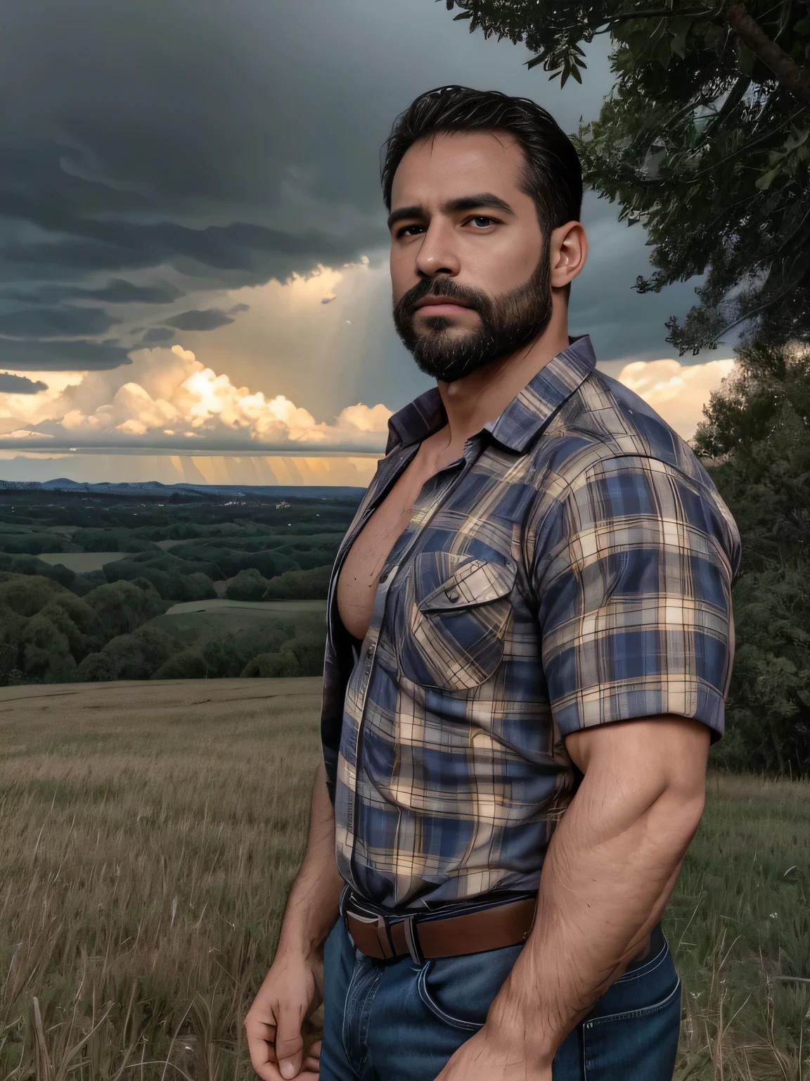 obra maestra, Mejor calidad, high resolution, Retrato de primer plano, (1 chico:1.4) A man in a lumberjack suit, muscular, (con camisa: 1.2) enfoque masculino, enfocarse solo, piel bronceada, 38-year-old man dressed as a lumberjack., muscular, fuerte, peludo, Masculino, (descamisado: 1.2), al fondo una granja, en una tormenta, amazing composition, Vista frontal, HDR, volumetric lighting, (plano general, desde el frente:1.2) (GS-Macho :1.5) (magnificent landscape:1.2)