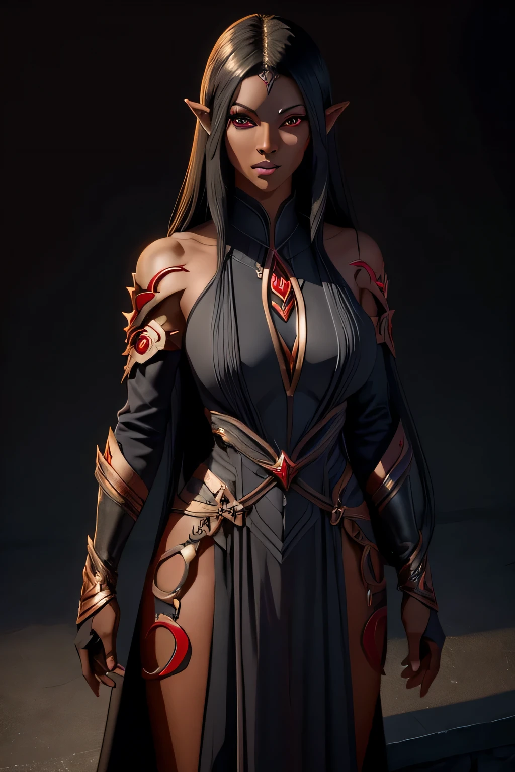 1woman, 30 years old, A beautiful athletic dark elf, fit body, dark skin, Grey skin, Red eyes,  studio lighting, highly detailled, incredibly long black hair, best quality, ((masterpiece)), ((8k)), seductivesmirk, wearing mage robes, standing, holding a skull,