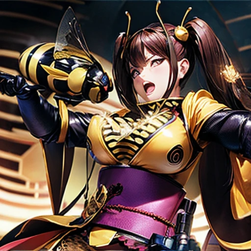 Plump、Super big breasts、super big butt、Bee Augmentation、、wack、ハチwack、Shin Kamen Rider、Bee Girl、cowboy shot、battle、camel toe、huge tit、nipple puff、cleavage、