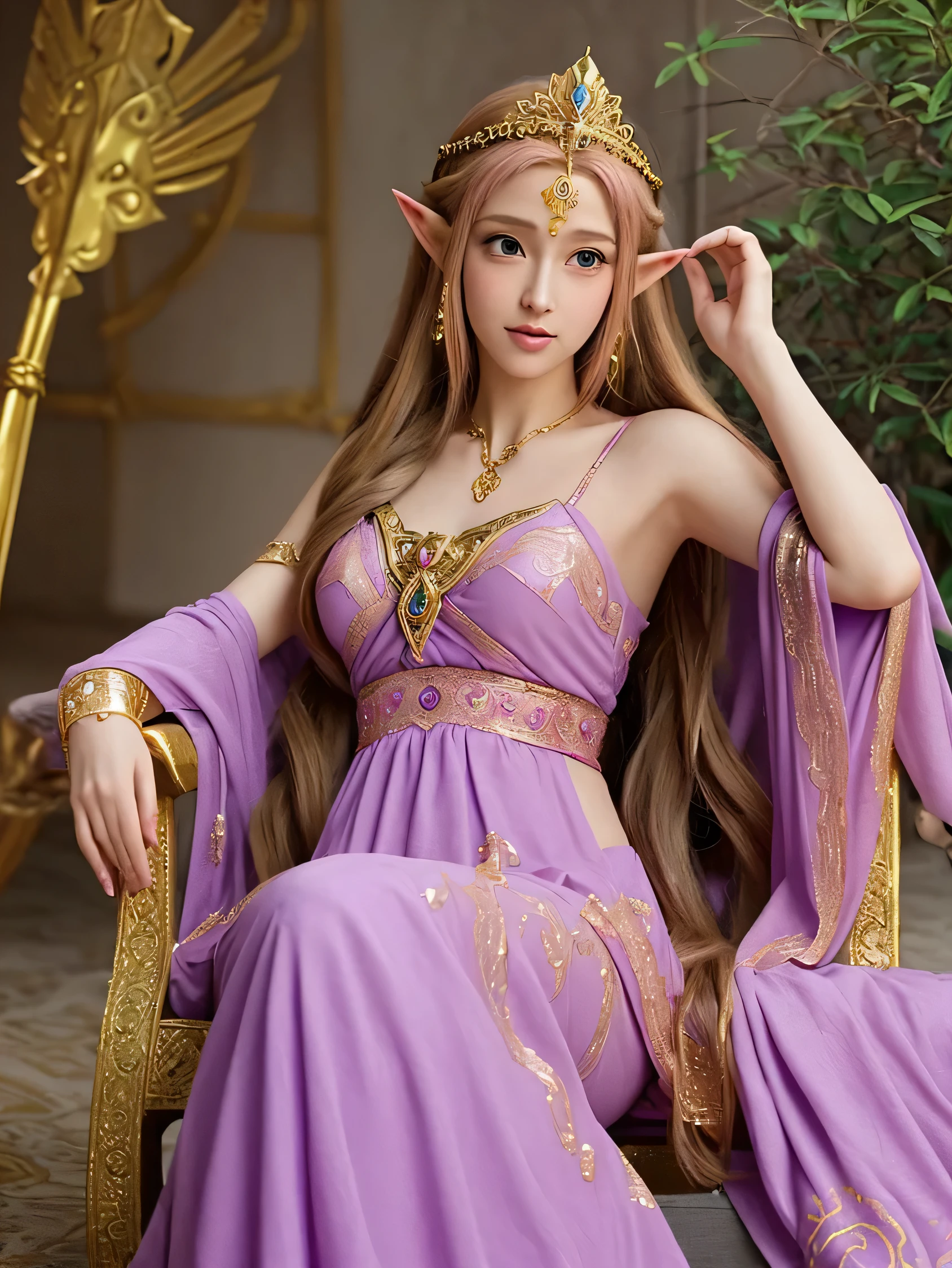 Sketch Princess Zelda from The Legend of Zelda with a long, flowing gown in shades of pink or purple, adorned with intricate designs. Include a golden tiara with a Hylian crest, and capture her serene and regal demeano
