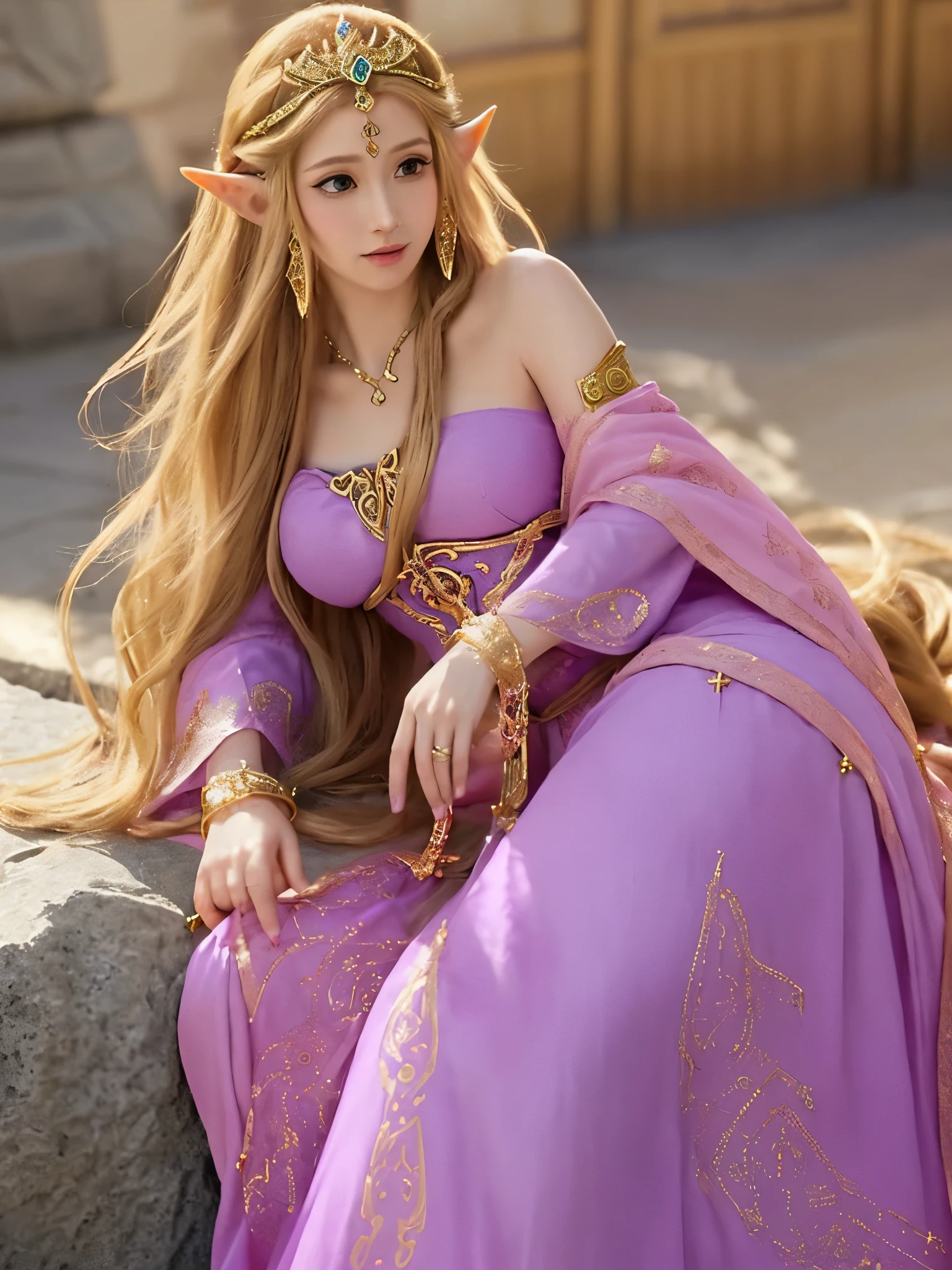 Sketch Princess Zelda from The Legend of Zelda with a long, flowing gown in shades of pink or purple, adorned with intricate designs. Include a golden tiara with a Hylian crest, and capture her serene and regal demeano