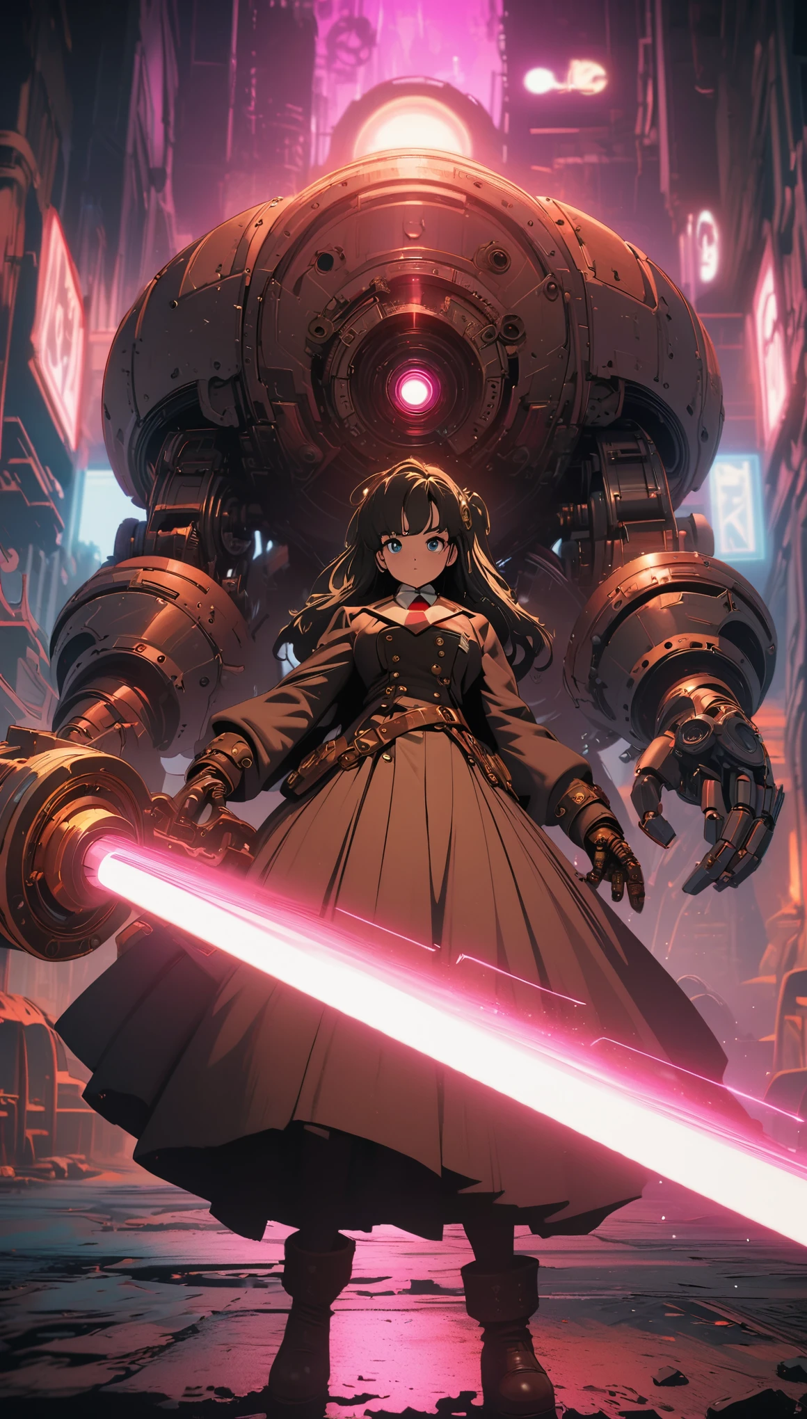 
Steampunk，JK school uniform girl，Holding a huge mechanical laser sword，Beautiful，Glowing special effects，celluloid style，Flat coating，HD，CG art，comics，8K，looking into camera，high quality，illustration，Vaporwave style，rim light，movie lighting，Super detailed，complex，OC renderer，cinematic perspective，high resolution
